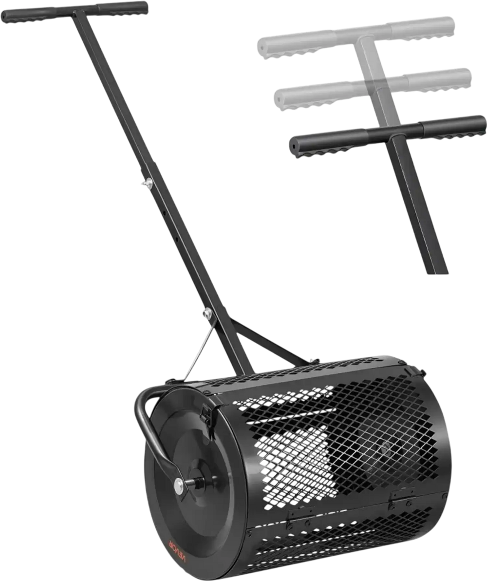 VEVOR Compost Spreader, 16.5" Wide Peat Moss Spreader with T Shaped Handle, 3 Heights Adjustable, Powder-Coated Steel Garden Peat Moss Roller, Heavy Duty Grass Seed Roller for Planting Seeding, Black