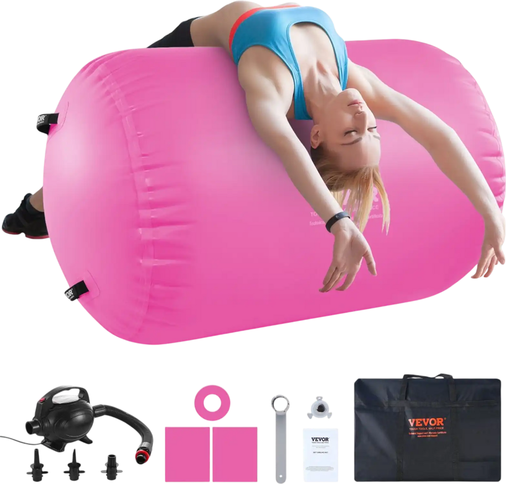 VEVOR Air Mat Tumble Track Air Spot, Round Inflatable Air Roller, Air Barrel Gymnastic Equipment with Electric Pump, Tumbling Backbend Trainer for Home Use/Gym/Yoga/Cheerleading/Beach/Park/Water, Pink