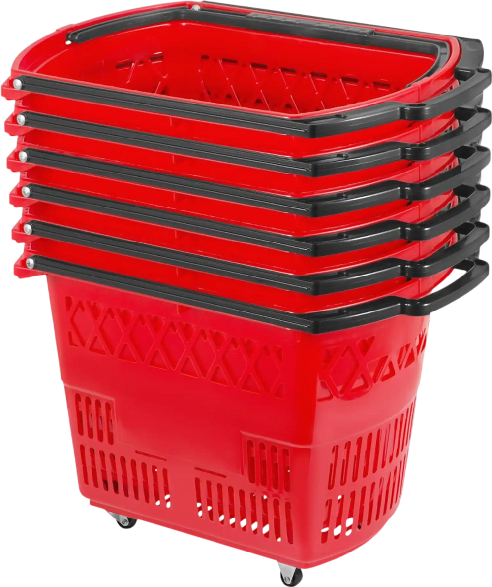 VEVOR 6PCS Shopping Carts, Plastic Rolling Shopping Basket with Wheels, Red Shopping Baskets with Handles, Portable Shopping Basket Set for Retail Store