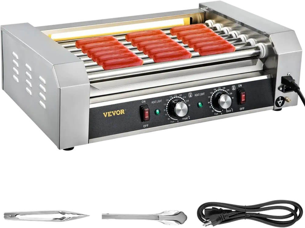 VEVOR Hot Dog Roller, 18 Hot Dog Capacity 7 Rollers, 1050W Stainless Steel Cook Warmer Machine with Dual Temp Control, LED Light and Detachable Drip Tray, Sausage Grill Cooker for Kitchen Restaurant