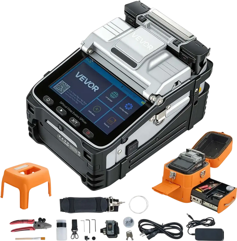 VEVOR Fiber Fusion Splicer 6 Motors with 6s Splicing & 15s Heating, 7800mAh Core Alignment Fiber Optical Splicer, 5" Touch Screen, 3 in 1 Fiber Holder, App Bluetooth Connectivity for SM MM DS NZDS
