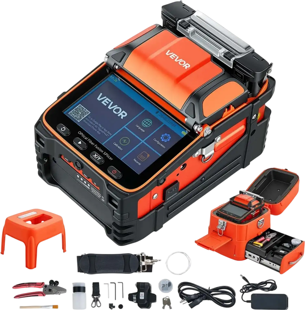 VEVOR Fiber Fusion Splicer 6 Motors with 5s Fast Splicing and 15s Heating, 7800mAh Core Alignment Fibers Optical Splicer with 5" Touchscreen, 3 in 1 Fiber Holder, VFL & OPM for SM MM DS NZDS