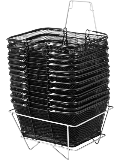 Vevor Shopping Baskets 12-Piece Black Metal Wire Mesh Set with Handles and Stand New