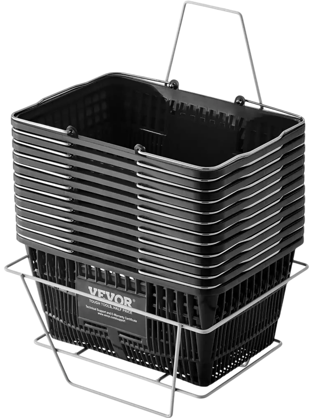 VEVOR Shopping Basket, Set of 12, 21L Durable Plastic Grocery Basket with Metal Handle and Stand, 16.73 x 12.01 x 8.58 inch Portable Shop Basket for Retail Store Supermarket Grocery Shopping, Black