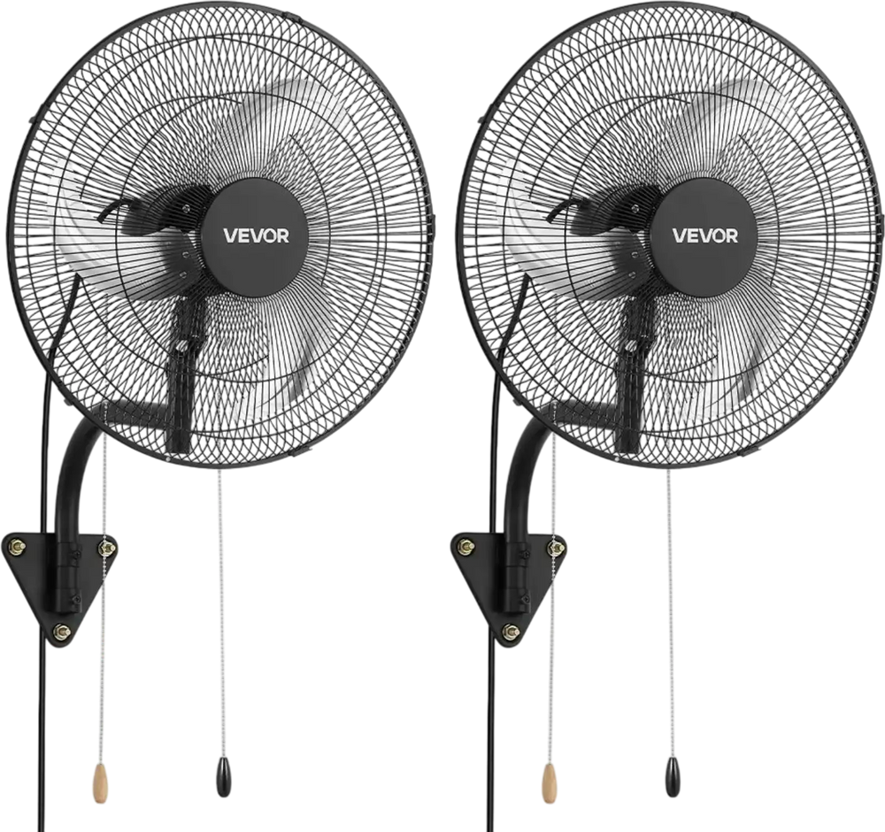VEVOR Wall Mount Fan, 18 in Wall Mounted Hanging Fan Oscillating, 3-Speed, Long Airflow Distance, Adjustable Rotation Angle, Mechanical Powerful for Industry, Commercial, Garage, Workshop, Gym, 2 Pack