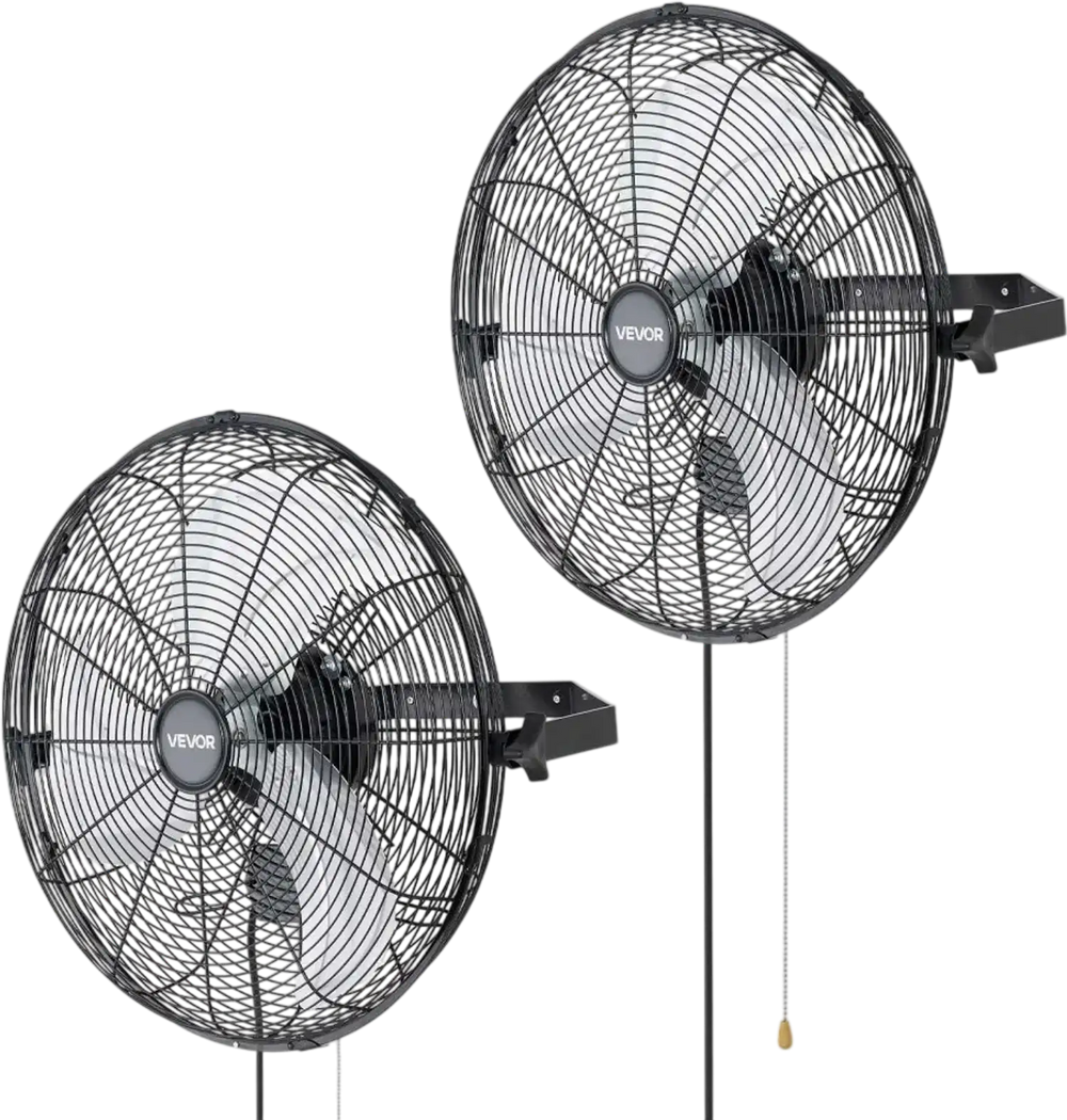 VEVOR Wall Mount Fan, 18 in Wall Mounted Hanging Fan, 3-Speed, Long Airflow Distance, Adjustable Rotation Angle, Mechanical Control, Powerful for Industry, Commercial, Garage, Workshop, Gym, 2 Pack
