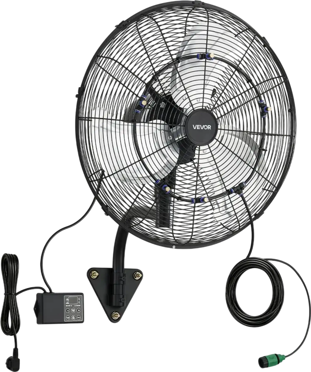 VEVOR Wall Mount Fan, 20 in Wall Mounted Hanging Fan with Oscillating & Mist, Remote, IP44-rated, 3-Speed, 18h Timer, Temperature Control, Powerful for Industry, Commercial, Garage, Workshop, Gym