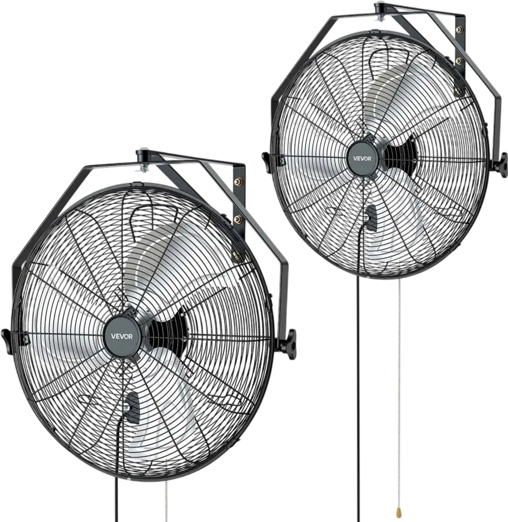 VEVOR Wall Mount Fan, 20 in Wall Mounted Hanging Fan, 3-Speed, Long Airflow Distance, Adjustable Rotation Angle, Mechanical Control, Powerful for Industry, Commercial, Garage, Workshop, Gym, 2 Pack