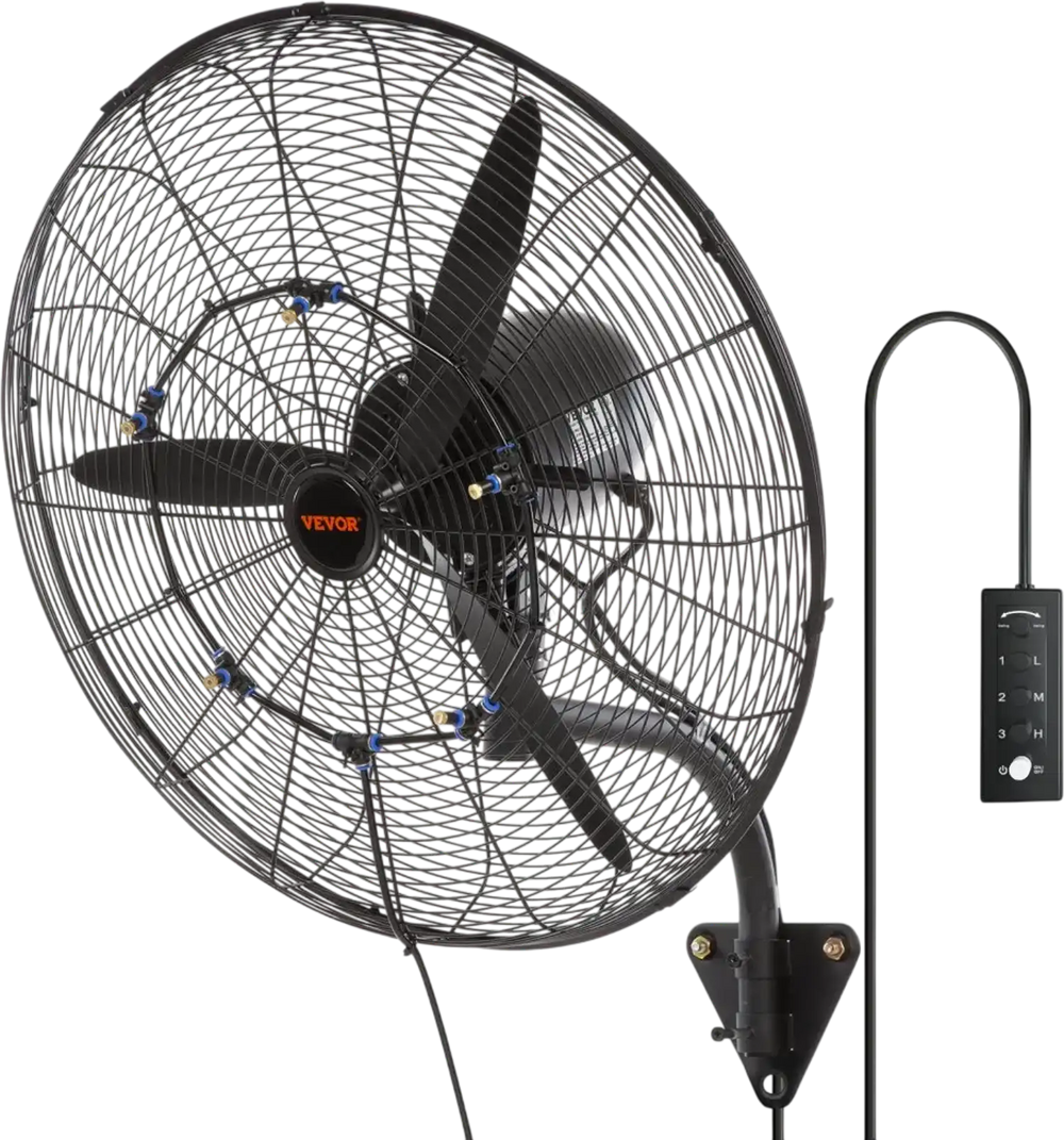 VEVOR Wall-Mount Misting Fan, 24 Inch, 3-speed High Velocity Max. 7000 CFM, Waterproof Oscillating Industrial Wall Fan, Commercial or Residential for Warehouse, Greenhouse, Workshop, Black, ETL Listed