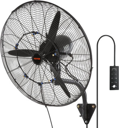 VEVOR Wall-Mount Misting Fan, 24 Inch, 3-speed High Velocity Max. 7000 CFM, Waterproof Oscillating Industrial Wall Fan, Commercial or Residential for Warehouse, Greenhouse, Workshop, Black, ETL Listed