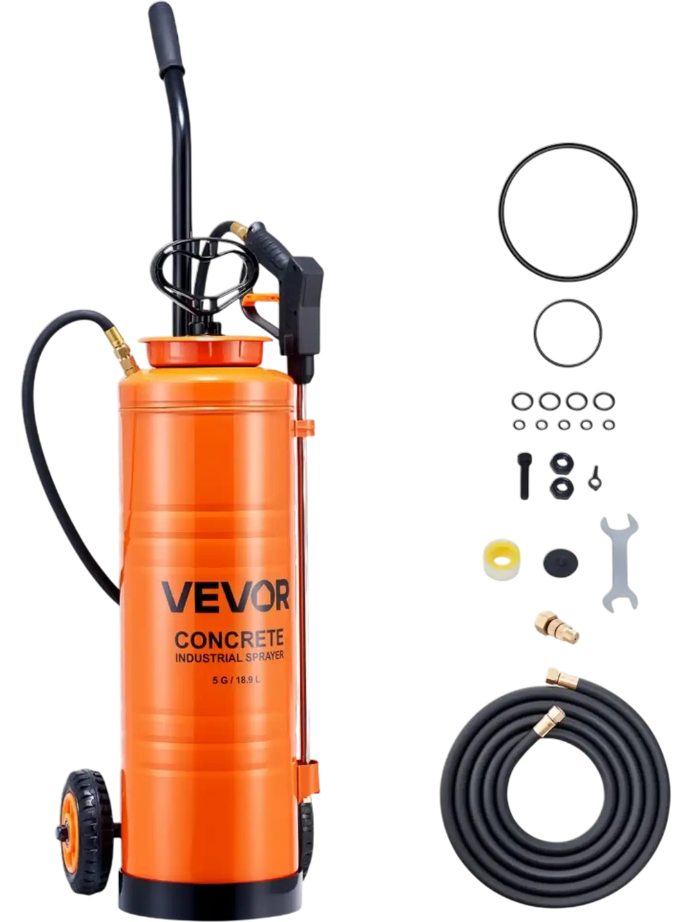 VEVOR Industrial Concrete Sprayer with Wheeled Cart, 5 Gallon Stainless Steel Sprayer, Heavy Duty Tri-Poxy Pump Sprayers, 20.5''Wand, 48" & 120" Hoses, 2 Brass Nozzles for Construction, Lawn & Garden