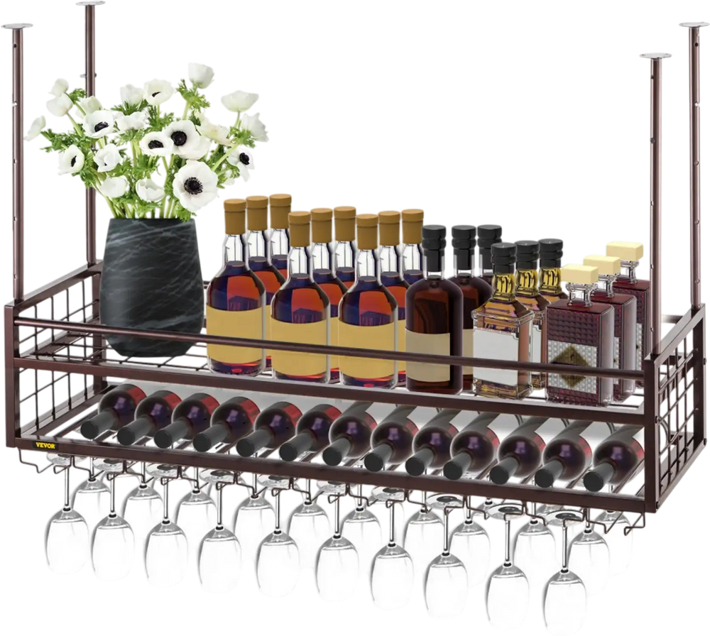 VEVOR Ceiling Wine Glass Rack, 46.9 x 11.8 inch Hanging Wine Glass Rack, 18.9-35.8 inch Height Adjustable Hanging Wine Rack Cabinet, Coppery Wall-Mounted Wine Glass Rack Perfect for Bar Cafe Kitchen