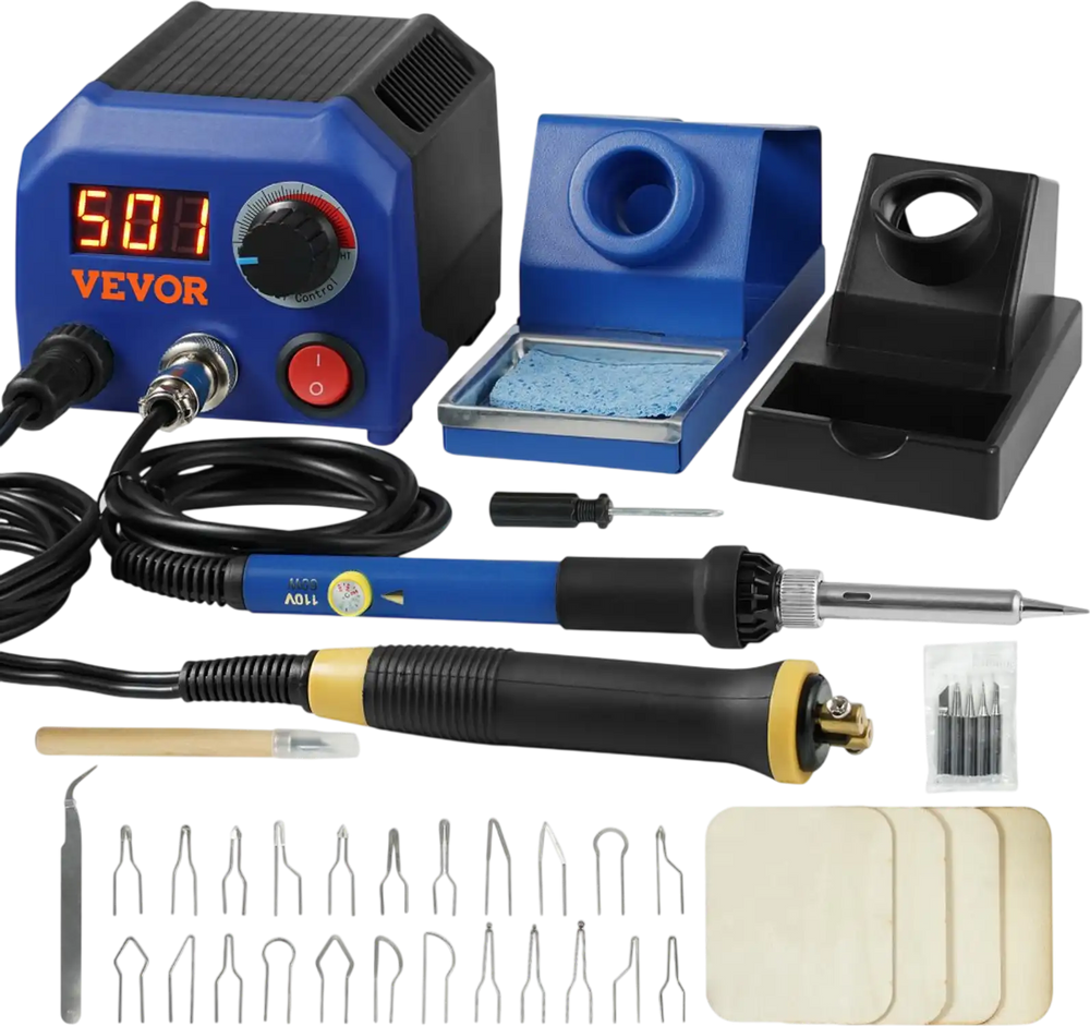 VEVOR Wood Burning Kit, 250~700°C Adjustable Temperature with Display, Dual Output Port with 2 Pyrography Pens, 23 Wire Nibs, 5 Solid-Point Tips, 2 Pen Holder, 4 Wood Chip, 1 Tweezers, 1 Sponge