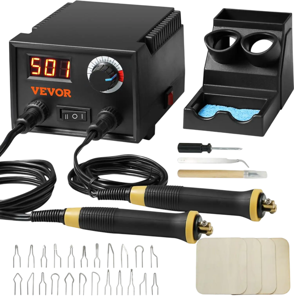 VEVOR Wood Burning Kit, 200~700°C Adjustable Temperature with Display, Dual Output Port with 2 Pyrography Pens, 23 Wire Nibs, 4 Wood Chip, 1 Pen Holder, 1 Screwdriver, 1 Knife, 1 Tweezers, 1 Sponge