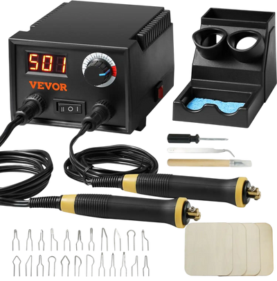 VEVOR Wood Burning Kit, 200~700°C Adjustable Temperature with Display, Dual Output Port with 2 Pyrography Pens, 23 Wire Nibs, 4 Wood Chip, 1 Pen Holder, 1 Screwdriver, 1 Knife, 1 Tweezers, 1 Sponge