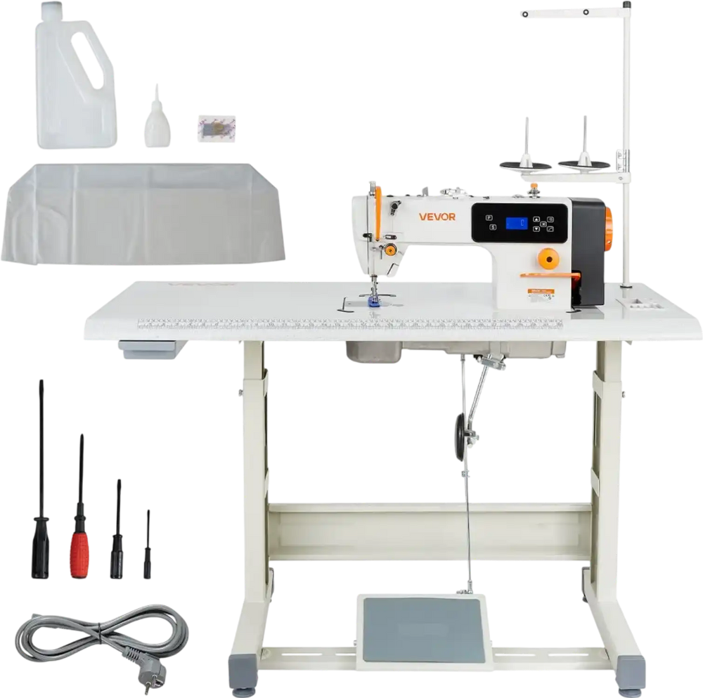 VEVOR Industrial Sewing Machine, 550W Lockstitch Sewing Machine Set with Servo Motor and Table Stand, Auto Thread Trimmer, 5000 SPM High Speed, Metal Frame, LCD Panel, LED Light, for Cotton, Denim