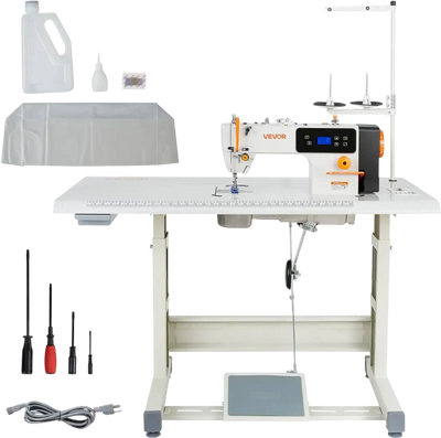 VEVOR Industrial Sewing Machine, 550W Lockstitch Sewing Machine Set with Servo Motor and Table Stand, 5000 SPM High Speed, Metal Frame, LCD Panel, LED Light, for Cotton, Wool, Denim, Leather, Canvas