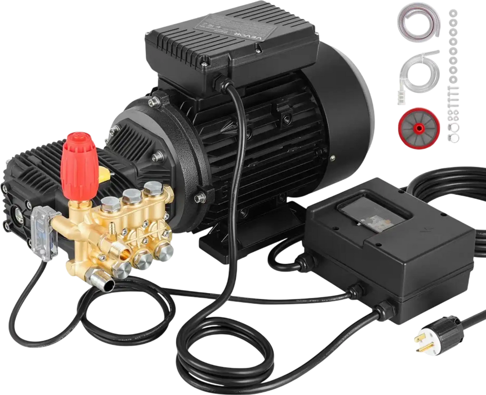 VEVOR Electric Pressure Washer Pump Kit, 1950 PSI, 3.2 GPM, Triplex Power Washer Pump with 5 HP Motor 240 V, Adjustable Water Pressure, for Washing Cars, Gardens, Exterior Walls, Deck, Machinery Equipment