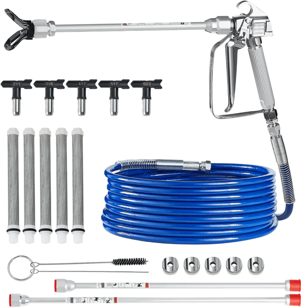 VEVOR Airless Paint Spray Gun and Hose Kit, 3600PSI High Pressure Paint Sprayer Hose Set with 5 Tips, 211, 315, 417, 517, 623, Swivel Joint Airless Spray Gun Kit with Filters, Hose and Extension Rods