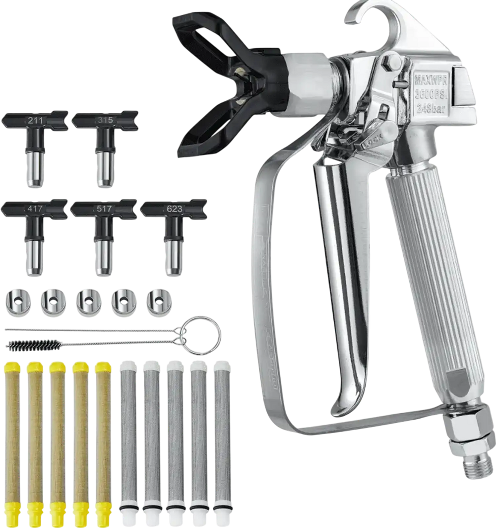 VEVOR Airless Paint Spray Gun, 3600PSI High Pressure Airless Paint Sprayer Gun with 5 Tips, 211, 315, 417, 517, 623, Swivel Joint Airless Spray Gun Kit with Filters, Cleaning Needle and Brush
