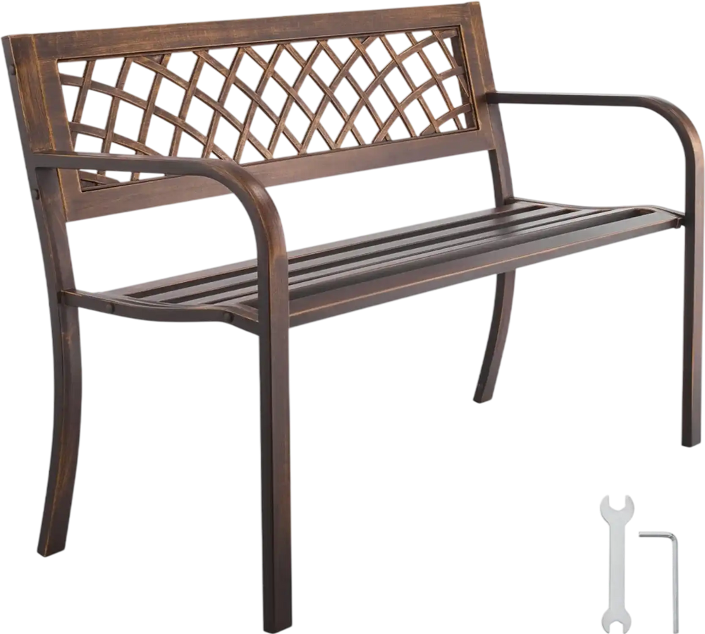 VEVOR Outdoor Bench, 46 inch, Carbon Steel Metal Frame with PVC Mesh Pattern Backrest and Round Edge Armrests, Weatherproof Outside Bench for Patio, Garden, Park, Yard, Front Porch, Antique Bronze