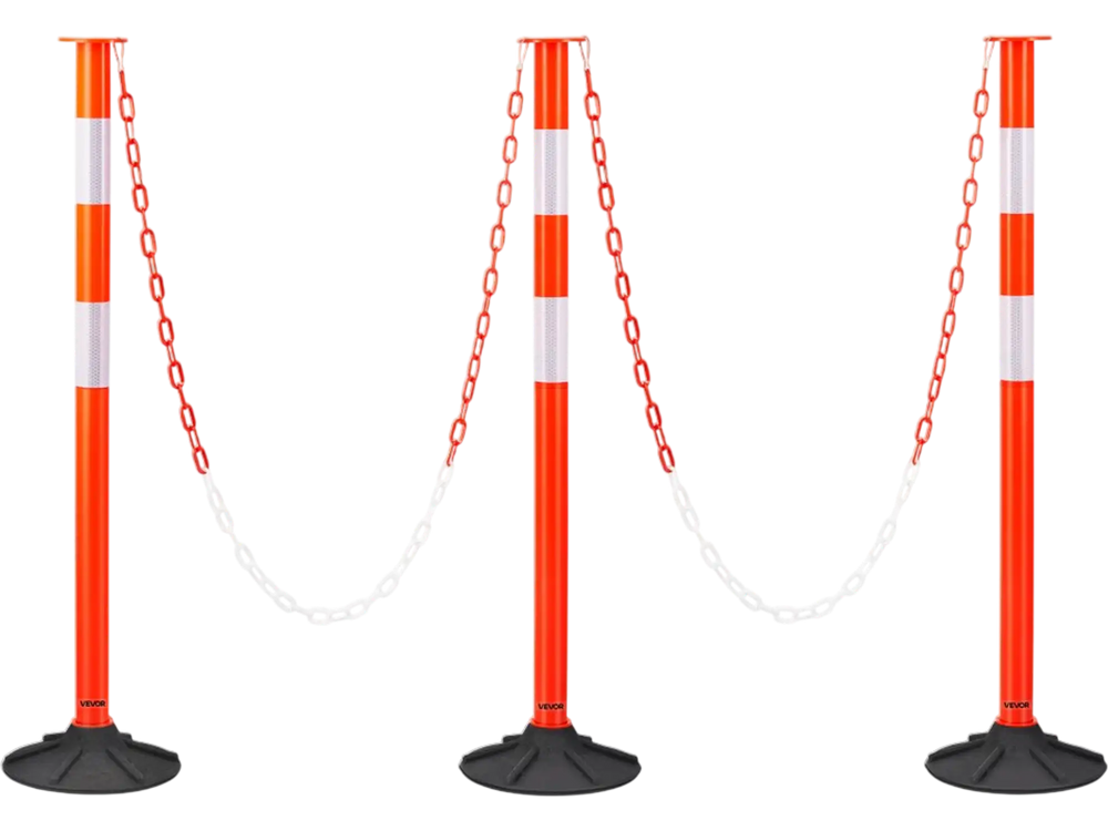 VEVOR 3 Pack Traffic Delineator Posts, 34 in Traffic Safety Cones with Weighted Base, Reflective Strips and Chain, Heavy Duty Delineator Posts for Construction Site, Parking Lot, Crowd Control, Red
