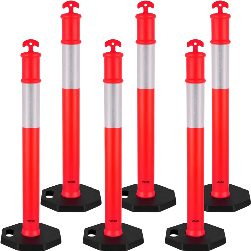 VEVOR 6 Pack Traffic Delineator Posts, 48 inches Traffic Safety Cones with Weighted Base and Reflective Strips, Heavy Duty Delineator Posts for Construction Site, Parking Lot, Crowd Control, Red