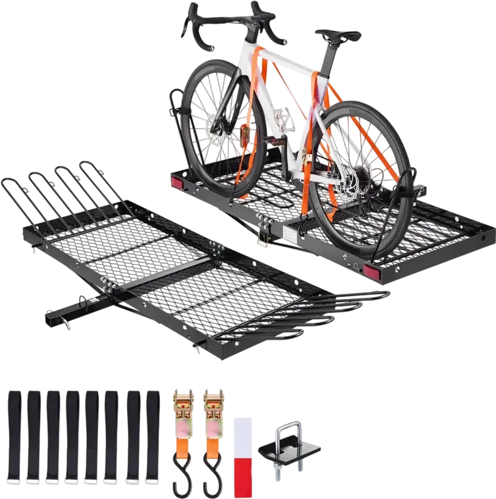 VEVOR Hitch Cargo Carrier with Bike Racks, 62" x 27" x 3" Hitch Mount Cargo Carrier for up to 4 Mountain Bikes, 500LBS Capacity High-Strength Steel Rear Luggage Basket Fits 2" Receiver for SUV Pickups