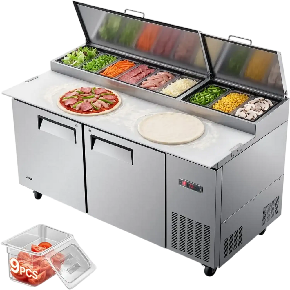 VEVOR 67"W Commercial Refrigerator 19.4 Cu. Ft Pizza Prep Table Fridge, 19" Ultra Wide Cutting Board Salad Refrigerated Worktop, Mega Top Stainless Steel Food Prep Cooler, 9 x 1/3 Pans with Lids