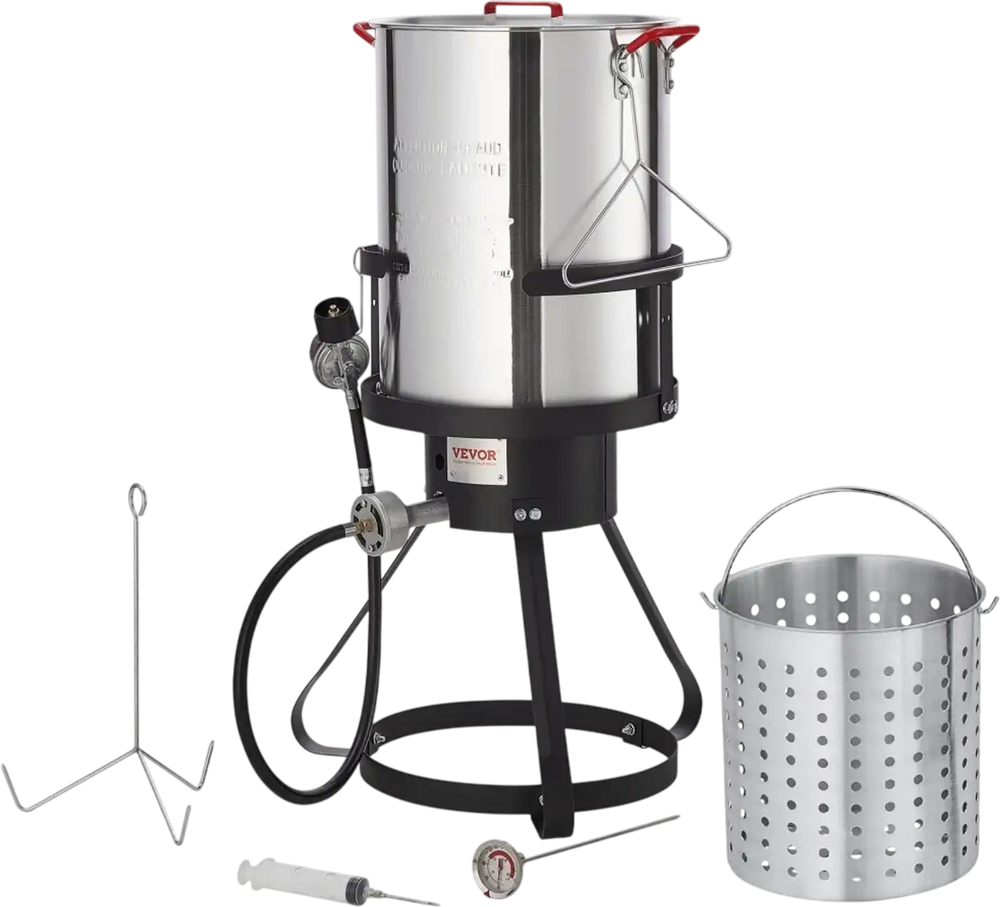 VEVOR Turkey Deep Fryer, 30-qt Turkey Fryer Boiler Steamer Cooker Set, Outdoor Aluminum Seafood Frying Pot, 54,000 BTU Burner Propane Gas Boiler, Includes Basket, Perforated Poultry Rack, Thermometer