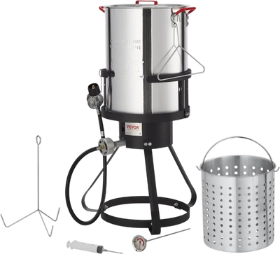 VEVOR Turkey Deep Fryer, 30-qt Turkey Fryer Boiler Steamer Cooker Set, Outdoor Aluminum Seafood Frying Pot, 54,000 BTU Burner Propane Gas Boiler, Includes Basket, Perforated Poultry Rack, Thermometer