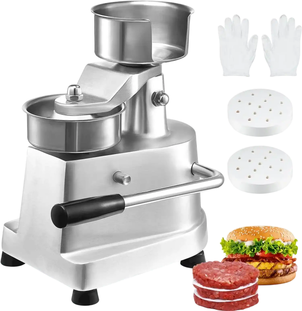 VEVOR Commercial Burger Patty Maker, 100mm/4inch Hamburger Beef Patty Maker, Heavy Duty Food-Grade Stainless Steel Bowl Burger Press Machine, Kitchen Meat Forming Processor with 1000 Pcs Patty Papers