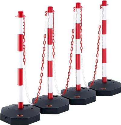 VEVOR Adjustable Traffic Delineator Post Cones, 4 Pack, Traffic Safety Delineator Barrier with Fillable Base 8FT Chain, for Traffic Control Warning Parking Lot Construction Caution Roads, Red & White