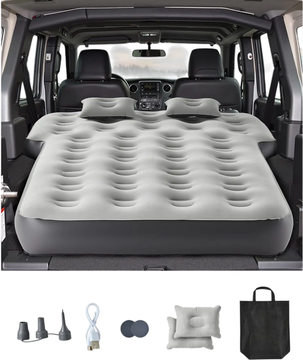 VEVOR Car Air Mattress, Fits Toyota 4runner, Jeep Wrangler, Inflatable Car Camping Mattress, Flocking Thickened Blow Up Travel Beds, Durable Portable Sleeping Pad with Built in Pump, 2 Pillows, Gray