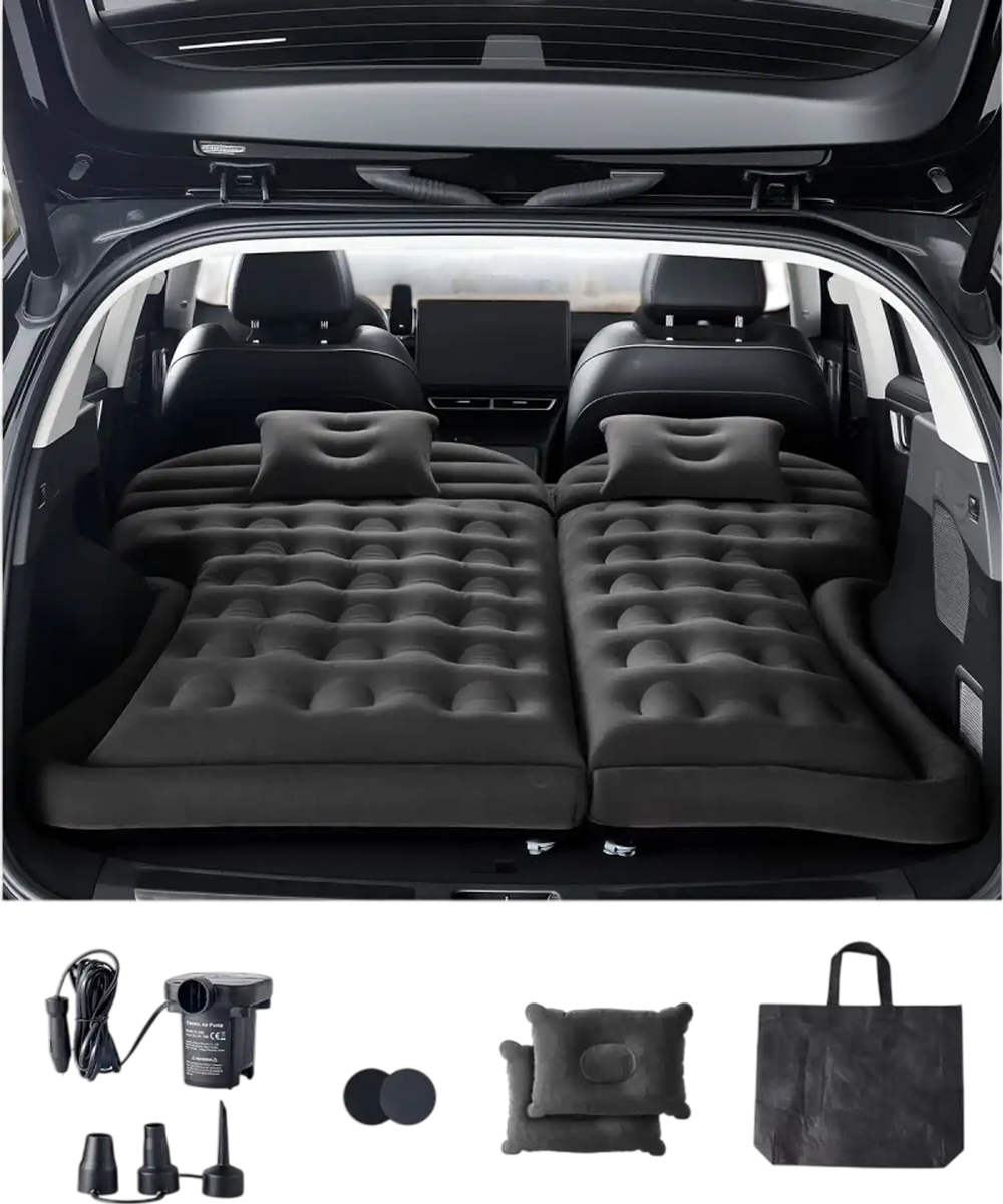 VEVOR Car Air Mattress, Inflatable Car Camping Mattress, Flocking Thickened Travel Beds, Durable Portable Sleeping Pad with Air Pump, 2 Pillows, Nozzle, Carry Bag, Fits Most SUV MPV Sedan, Black
