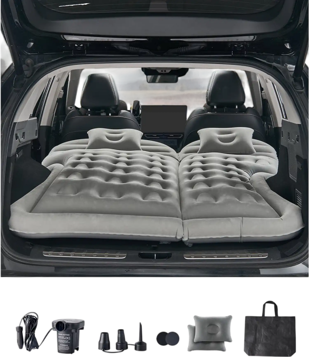 VEVOR Car Air Mattress, Inflatable Car Camping Mattress, Flocking Thickened Travel Beds, Comfortable and Durable Portable Sleeping Pad with Air Pump, Nozzle, Carry Bag, Fits Most SUV MPV Sedan, Gray