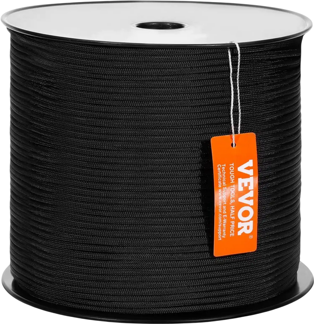 VEVOR Durable Nylon Cord, 3/16 inch x 1000 ft, 32-Strand Design, 720 LBS Load Capacity, Multi-Purpose Rope for Outdoor Adventures, Tree Work, and Emergency Situations, Black