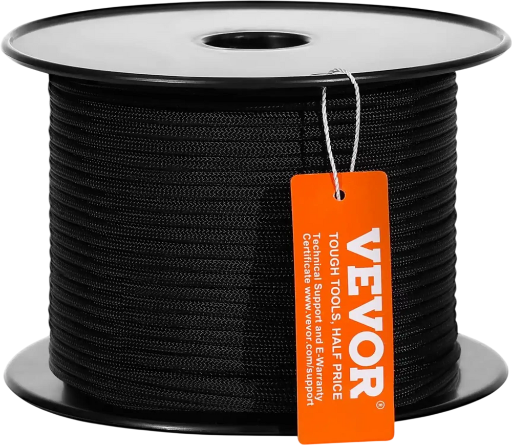 VEVOR Braided Nylon Cord, 3/16 inch by 250 feet, 32-Strand Design, 720 LBS Tensile Strength, Multi-Purpose Black Rope for Outdoor, Tree Work, Hiking, Swinging, and Rescue Operations