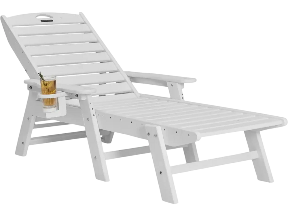 VEVOR Chaise Lounge Chair, 400 lbs Weight Capacity, 6 Positions Adjustable Patio Lounge Chair, Outdoor HDPE Lounge Chair with Backrest & Cup Holder, for Pool Poolside Deck Backyard Lawn, White