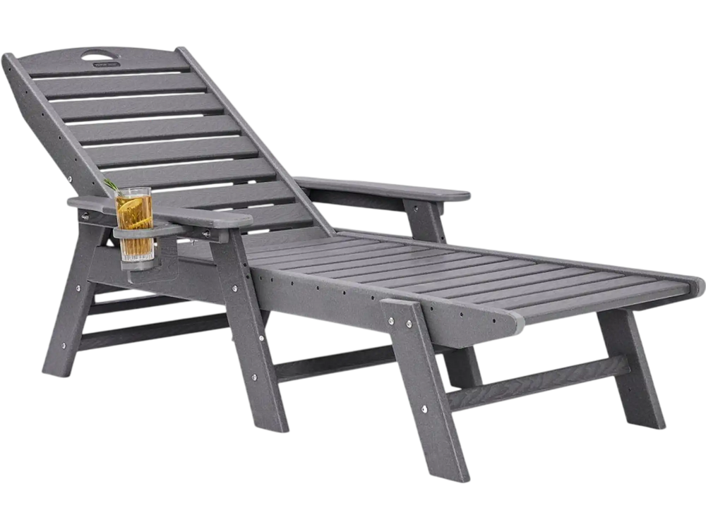 VEVOR Chaise Lounge Chair, 400 lbs Weight Capacity, 6 Positions Adjustable Patio Lounge Chair, Outdoor HDPE Lounge Chair with Backrest & Cup Holder, for Pool Poolside Deck Backyard Lawn, Gray
