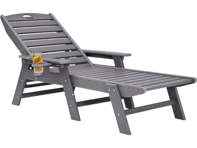 VEVOR Chaise Lounge Chair, 400 lbs Weight Capacity, 6 Positions Adjustable Patio Lounge Chair, Outdoor HDPE Lounge Chair with Backrest & Cup Holder, for Pool Poolside Deck Backyard Lawn, Gray