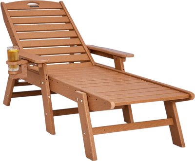 VEVOR Chaise Lounge Chair, 400 lbs Weight Capacity, 6 Positions Adjustable Patio Lounge Chair, Outdoor HDPE Lounge Chair with Backrest & Cup Holder, for Pool Poolside Deck Backyard Lawn, Brown
