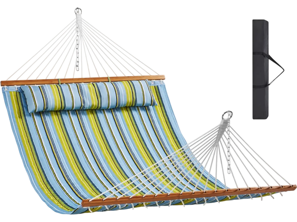 VEVOR Double Quilted Fabric Hammock, 12 FT Double Hammock with Hardwood Spreader Bars, 2 Person Quilted Hammock with Detachable Pillow and Chains for Camping Outdoor Patio Yard Beach, 480 lbs Capacity
