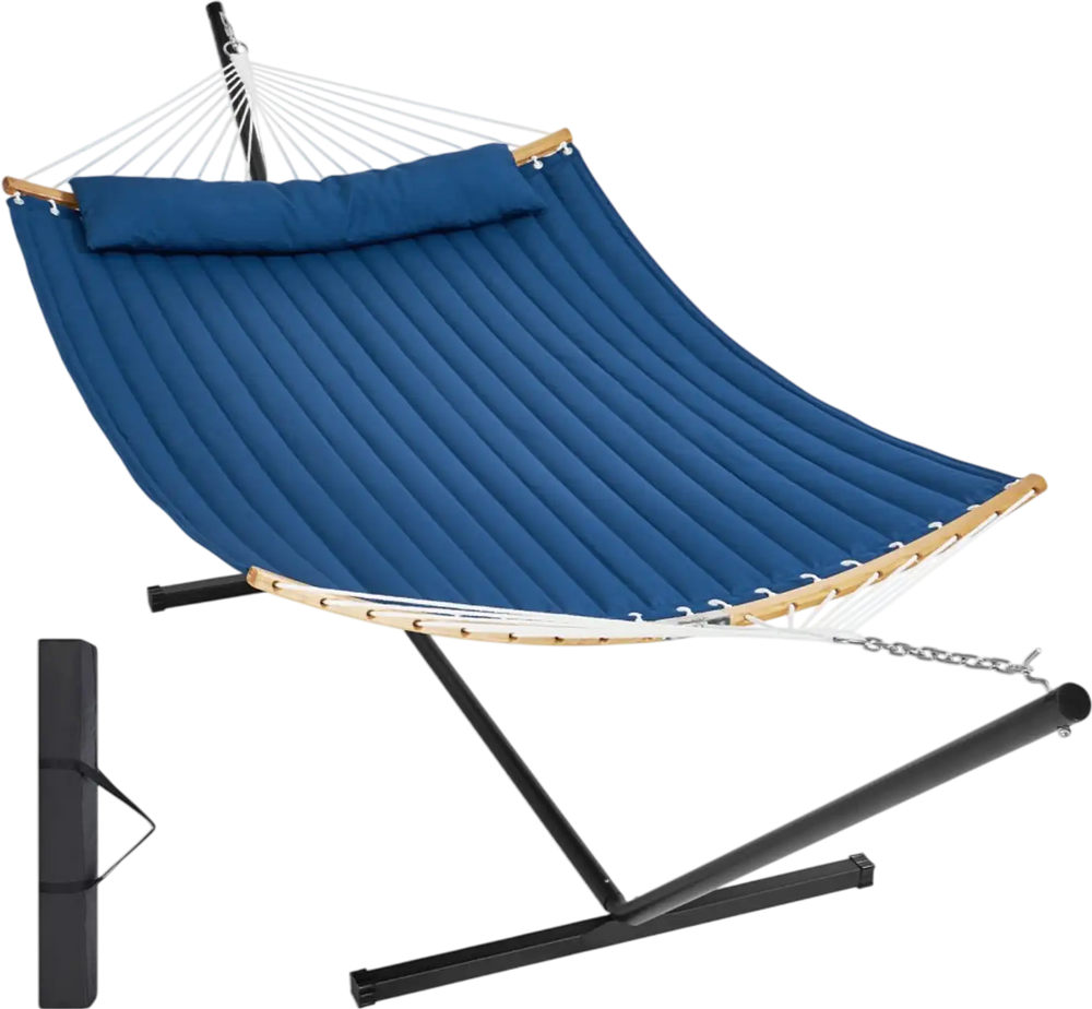 VEVOR Two Person Hammock with Stand Included, Double Hammock with Curved Spreader Bar and Detachable Pillow and Portable Carrying Bag, Perfect for Outdoor Freestanding Hammock, 480lb Capacity