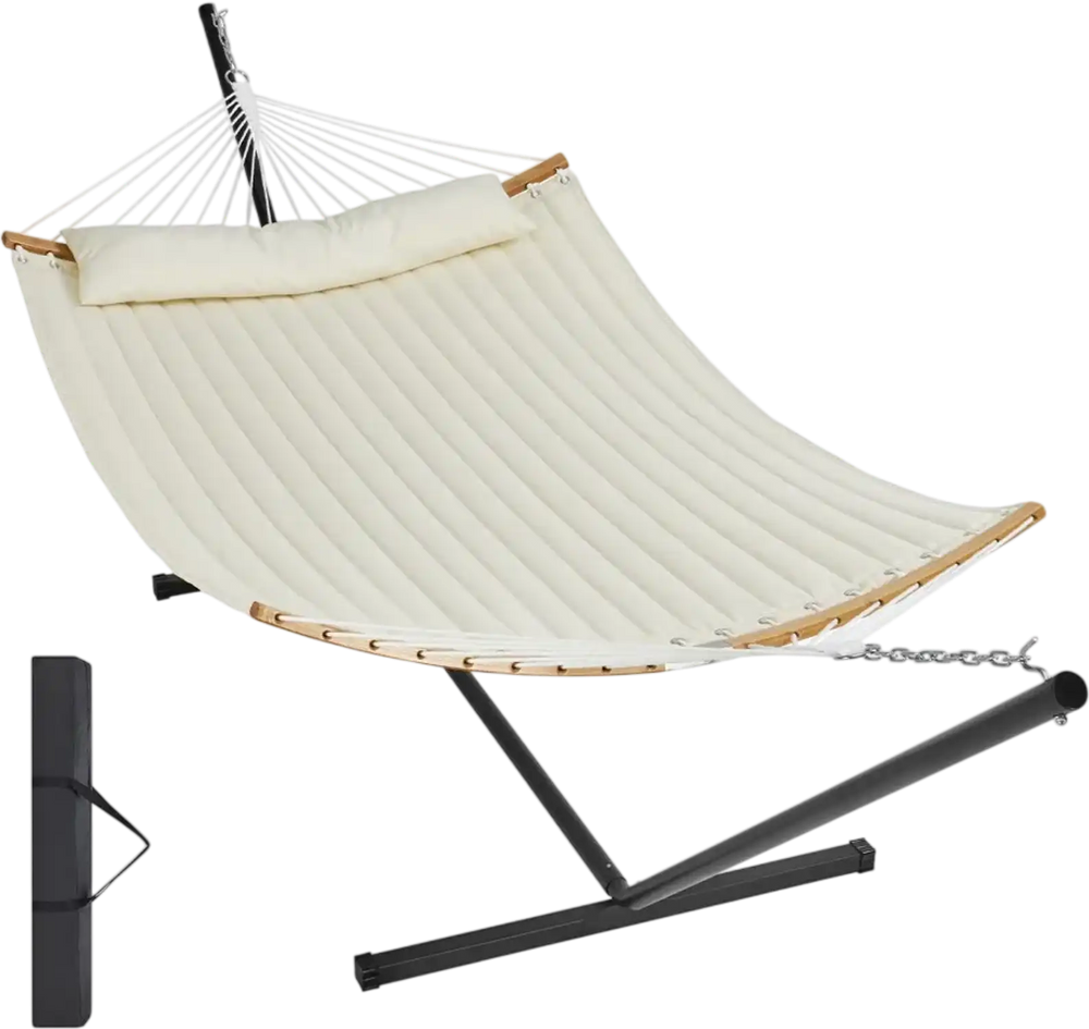 VEVOR Two Person Hammock with Stand Included, Double Hammock with Curved Spreader Bar and Detachable Pillow and Portable Carrying Bag, Perfect for Outdoor Freestanding Hammock, 480lb Capacity