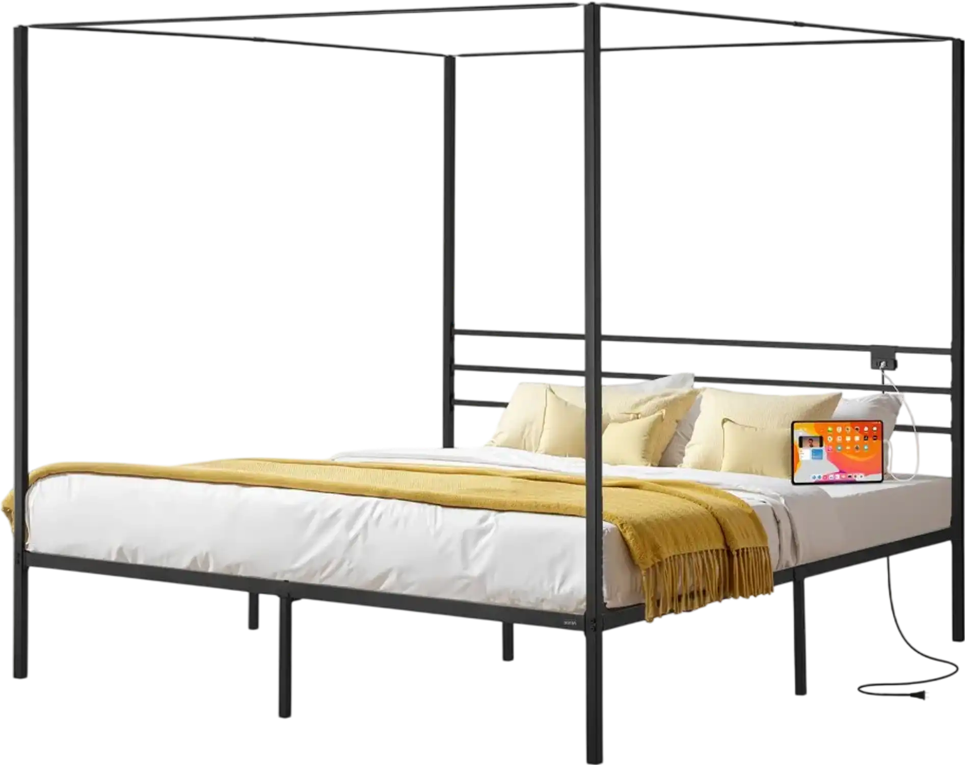 Vevor Metal Canopy Bed Frame King with Charging Station and Four-Poster Design New
