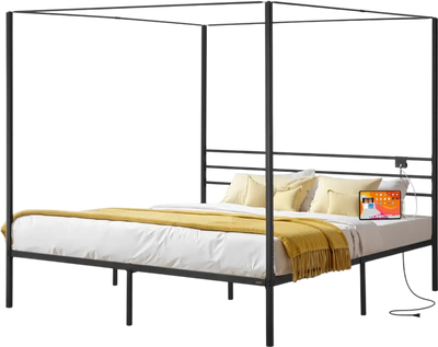 Vevor Metal Canopy Bed Frame King with Charging Station and Four-Poster Design New