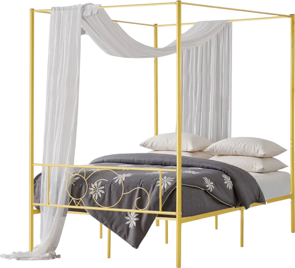 VEVOR Full Size Canopy Bed Frame, Metal Canopy Bed with Minimalist Headboard & Four Posters Design, Heavy Duty Steel Slats Support, Underbed Storage Space, No Box Spring Needed, Easy Assembly, Gold