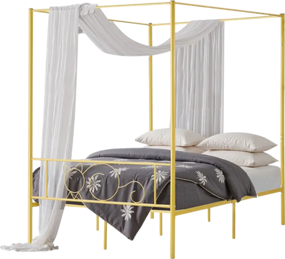 VEVOR Full Size Canopy Bed Frame, Metal Canopy Bed with Minimalist Headboard & Four Posters Design, Heavy Duty Steel Slats Support, Underbed Storage Space, No Box Spring Needed, Easy Assembly, Gold