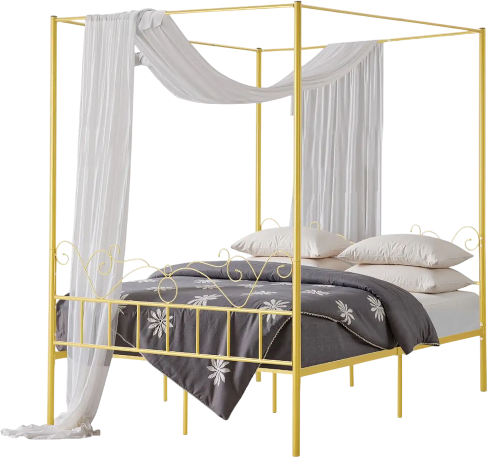 VEVOR Queen Size Canopy Bed Frame, Metal Canopy Bed with Minimalist Headboard & Four Posters Design, Heavy Duty Steel Slats Support, Underbed Storage Space, No Box Spring Needed, Easy Assembly, Gold